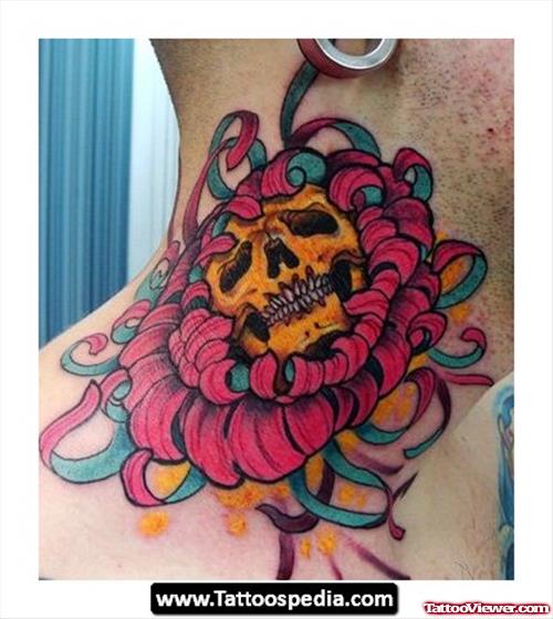 Skull Flower Tattoo On Neck