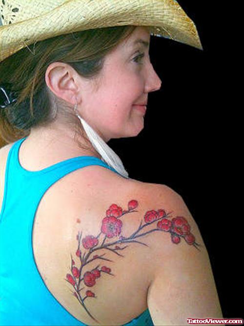 Red Flowers Tattoos On Right Back Shoulder