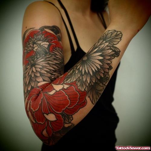 Red And Grey Flower Tattoos On Right Sleeve