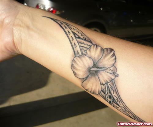 Grey Ink Samoan And Lily Flower Tattoo On Right Arm