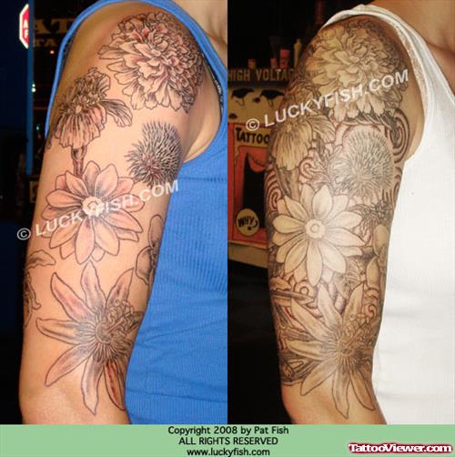 Grey Ink Flower Tattoos On Right Half Sleeve