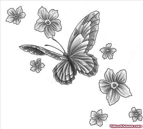 Grey Butterfly And Flower Tattoos Design