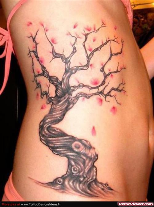 Cherry Blossom Flowers Tree Tattoo On Side Rib