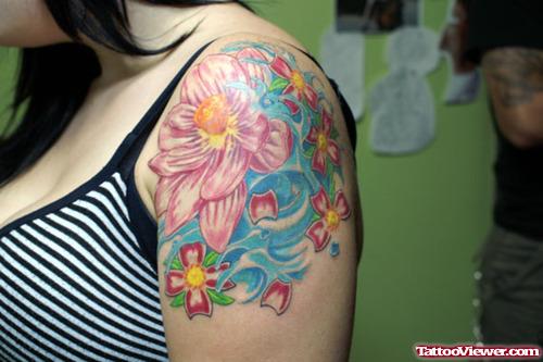 Beautiful Colored Flower Tattoos On Left Shoulder