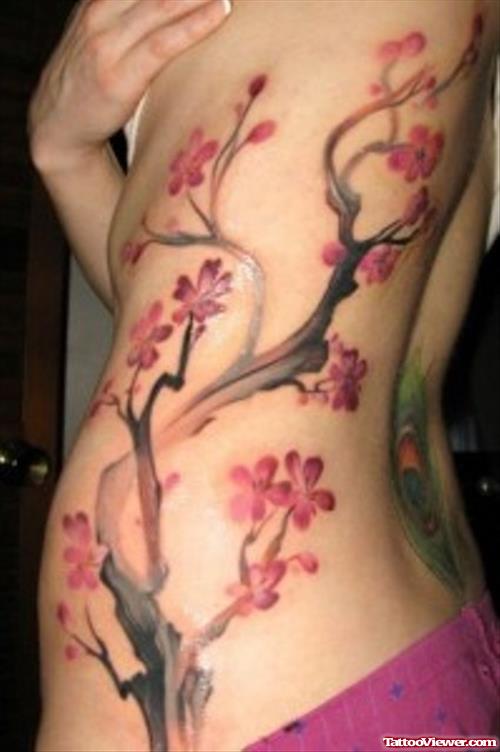 Rib Side Cherry Blossom Flowers Tattoo