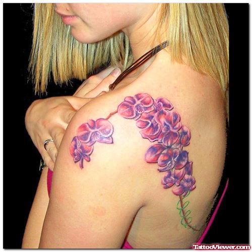 Purple Flowers Tattoos On Left Shoulder