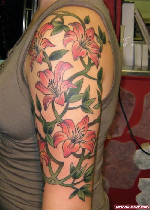 Lily Flowers Tattoos On Half Sleeve