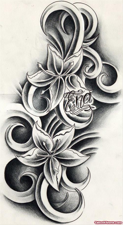 Grey Ink Tribal And Flower Tattoos Designs