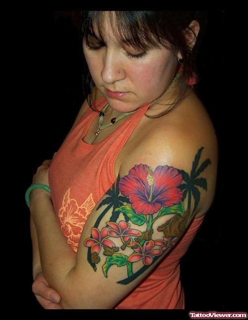 Girl Left Half Sleeve Flower Tattoo