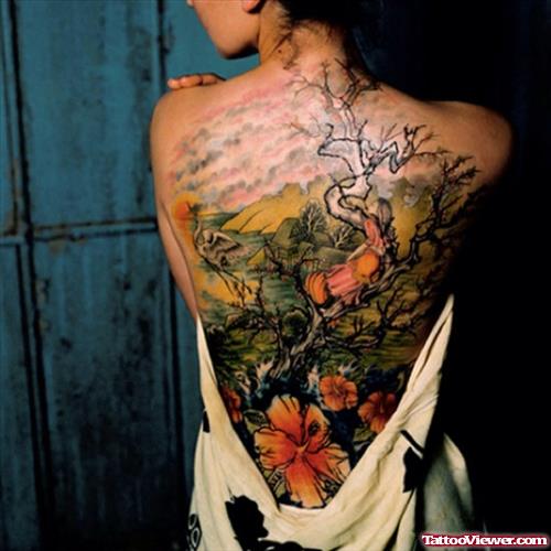 Girl Back Body Flower Tattoo