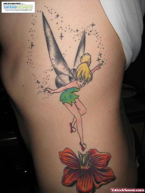 Tinkerbell And Flower Tattoo On Side Rib