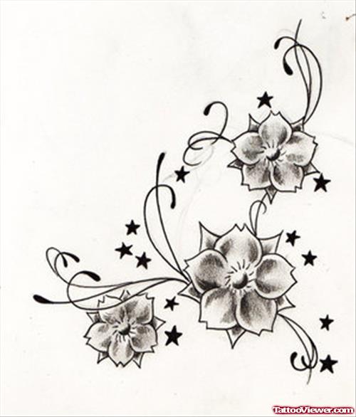 Stars And Grey Flowers Tattoos Design