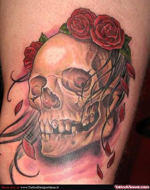 Skull And Rose Flowers Tattoo