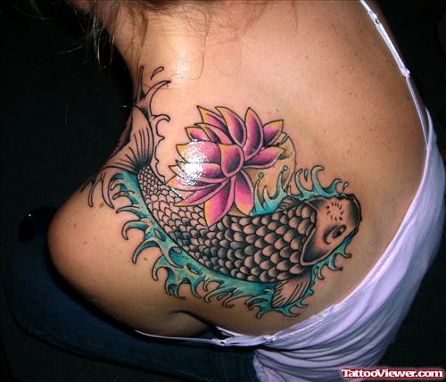 Koi Fish And Lotus Flower Tattoo On Back SHoulder