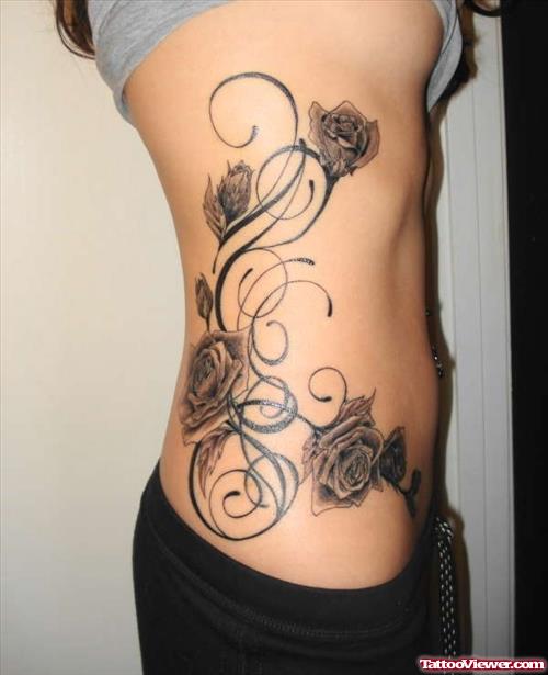Grey Flowers Tattoos On Side