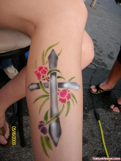 Cross and Flower Tattoos On Leg