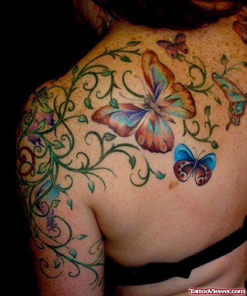 Color Butterflies And Flower Tattoo On Back Shoulder