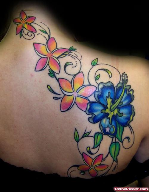 Blue and Vine Flower Tattoos On Back Shoulder