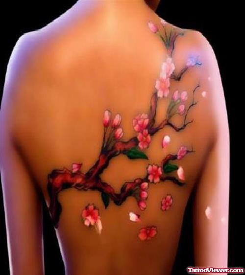 Cherry Blossom Flowers Tattoo On Back