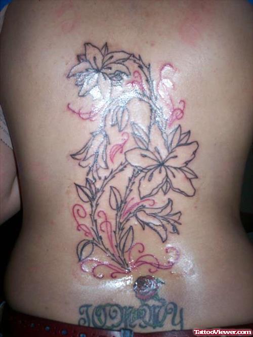 Beautiful Grey Ink Flower Tattoos On Back