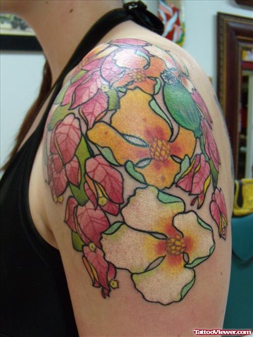 Colored Flowers Tattoos On Left Shoulder