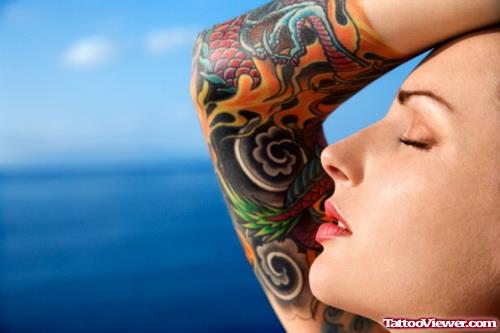 Girl Right Sleeve Flower Tattoo For Girls
