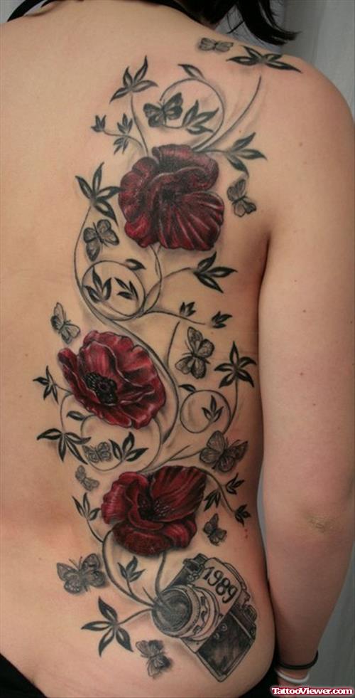 Amazing Red Flowers Tattoos On Back