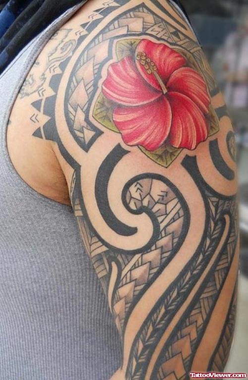 Tribal And Flower Tattoo On Left Half Sleeve