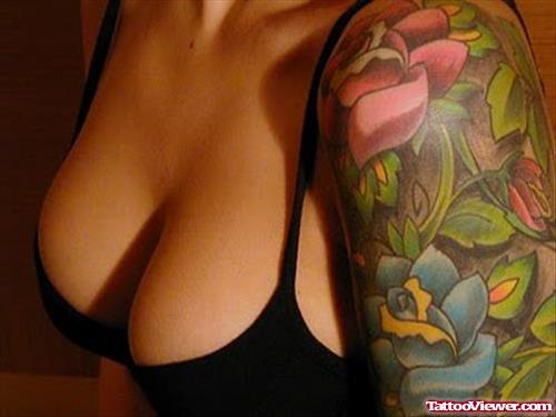 Traditional Flower Tattoos On Left Half Sleeve