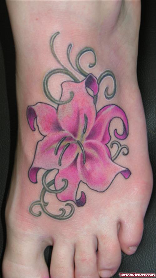 Pink Lily Flower Tattoo On Left Foot