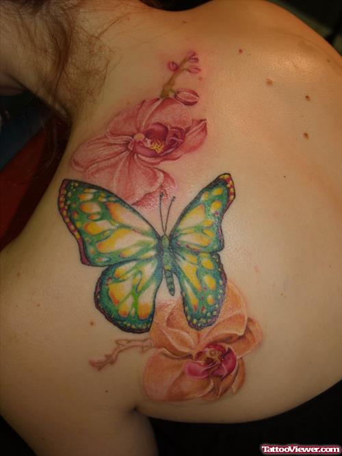 Green Butterfly and Flower Tattoos On Back Shoulder
