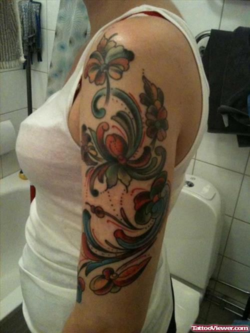 Girl Left Half Sleeve Flower Tattoos