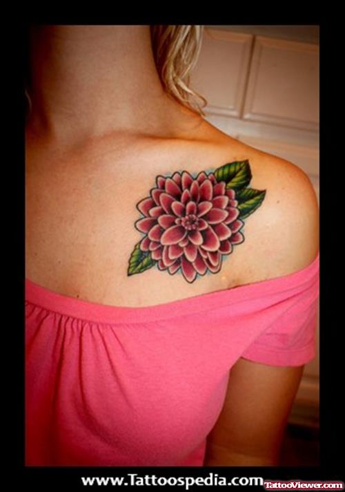 Dahlia Flower Tattoo On Collarbone