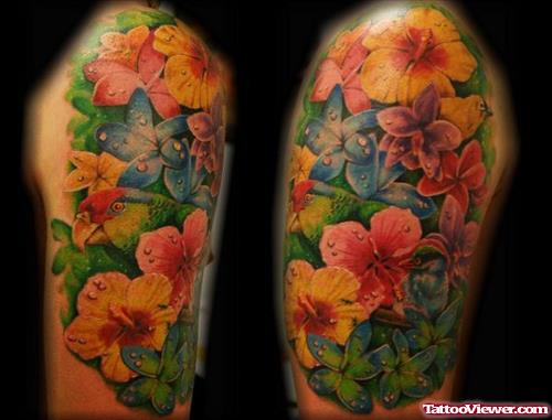Colored Flower Tattoos On Half Sleeves