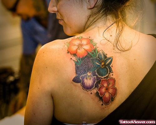 Color Flowers Tattoos On Left Back Shoulder