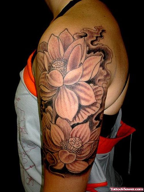 White Flower Tattoos On Left Half Sleeve