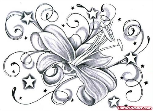 Stars and Grey Flower Tattoo Design