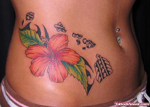 Polynesian And Tribal Flower Tattoo On Side