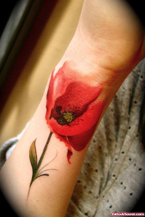 Realistic Red Flower Tattoo On Arm