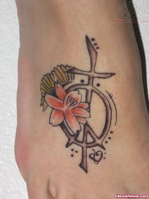 Peace Sign And Flower Tattoo On Right Foot