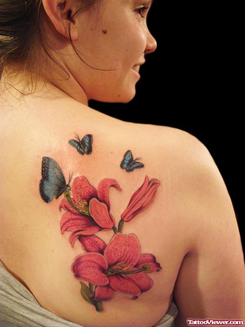 Color Butterflies And Flower Tattoos on Right Back Shoulder