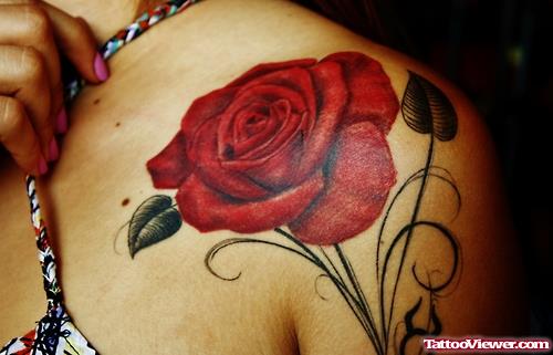 Awesome Red Rose Flower Tattoo On Shoulder