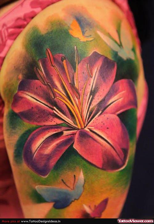 Awesome Colored Flower Tattoo On Left Shoulder