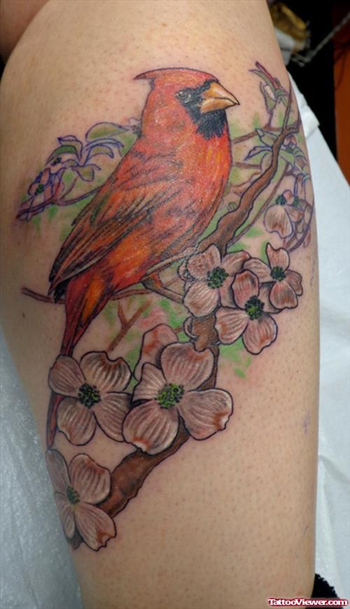 Sparrow And Flowers Tattoos On Leg