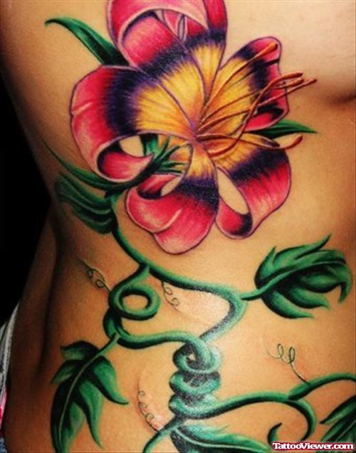 Red Flower Tattoo On Girl Rib Side