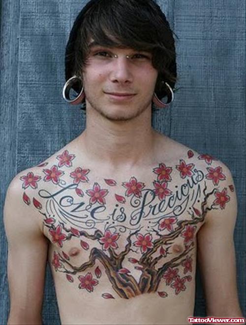Love Is Precious - Flowers Tree Tattoo On Chest