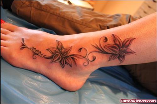 Grey Ink Flower Tattoos On Ankle
