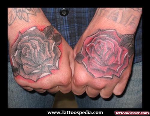Grey and Red Flower Tattoos On Both Hands