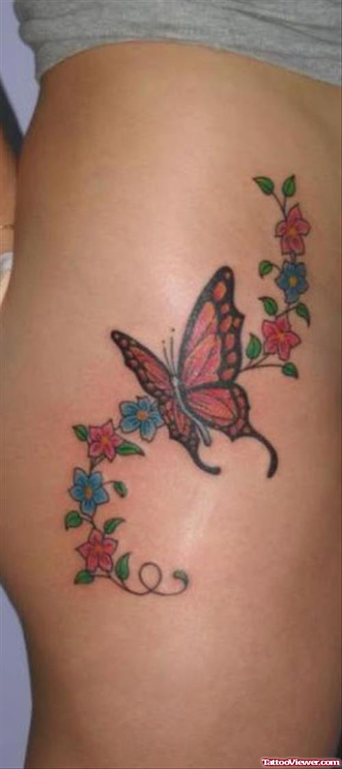 Flying Butterfly And Flowers Tattoos On Side