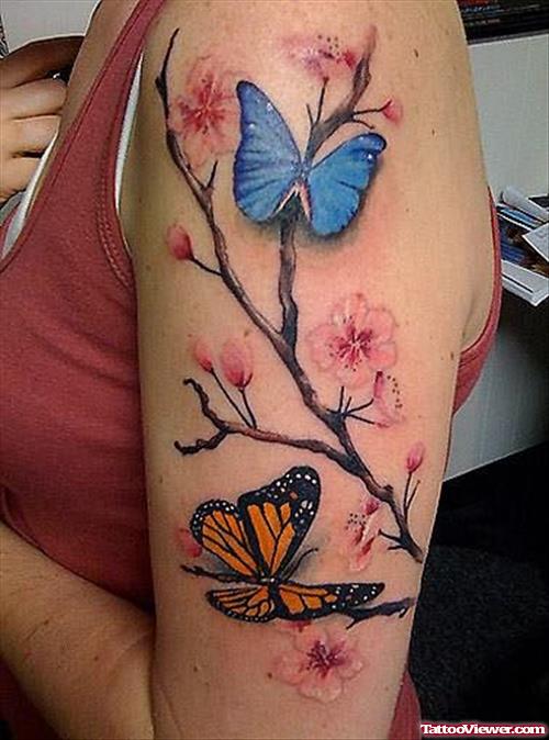 Colored Butterflies And Cherry Blossom Flower Tattoos